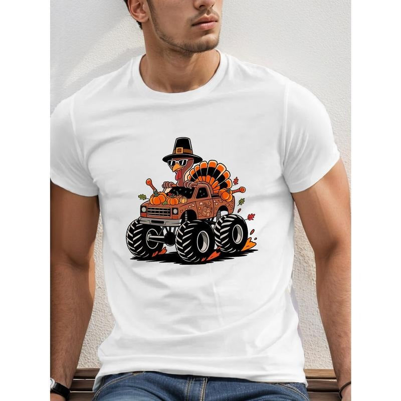 Men's Thanksgiving Turkey Monster Truck Graphic Tee - Casual Polyester Short Sleeve T-Shirt with Round Neck for Adults