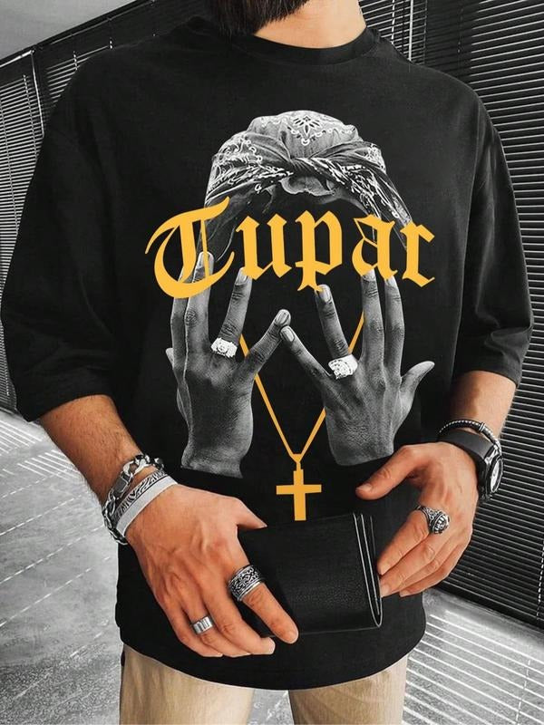 Men's Tupac Graphic Print Round Neck Tee, Loose Casual Fashion Short Sleeve T-shirt for Summer, Men's Top for Daily Wear,...