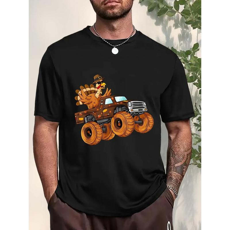 Men's Turkey Truck Print Thanksgiving Creative Tee Tops, Clothes For Mens, Short Sleeve Crew Neck Casual Comfy Sports...