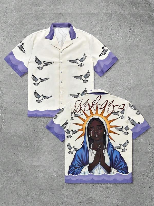 Men's Virgin Mary & Sun Print Short Sleeve Graphic Shirt, Regular Fit Casual Fashion Comfy Top for Summer, Men's Clothes...