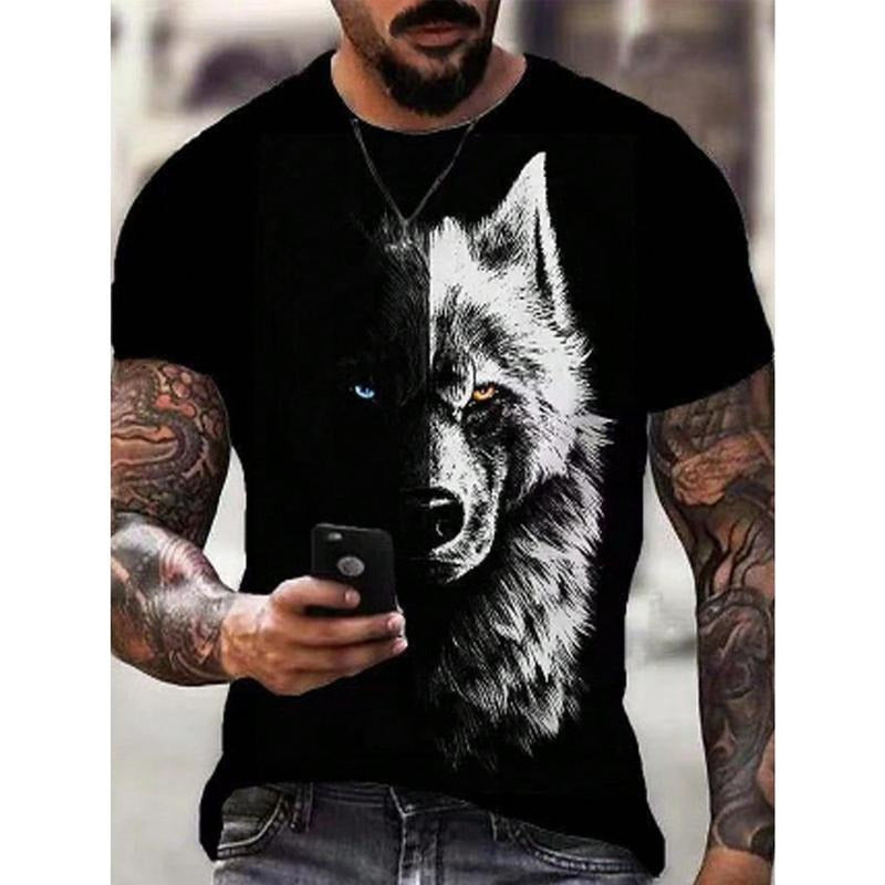 Men's Wolf Print Round Neck Short Sleeve T-Shirt Made in USA Hoodie, Sweatshirt | TeeBloomCo.com