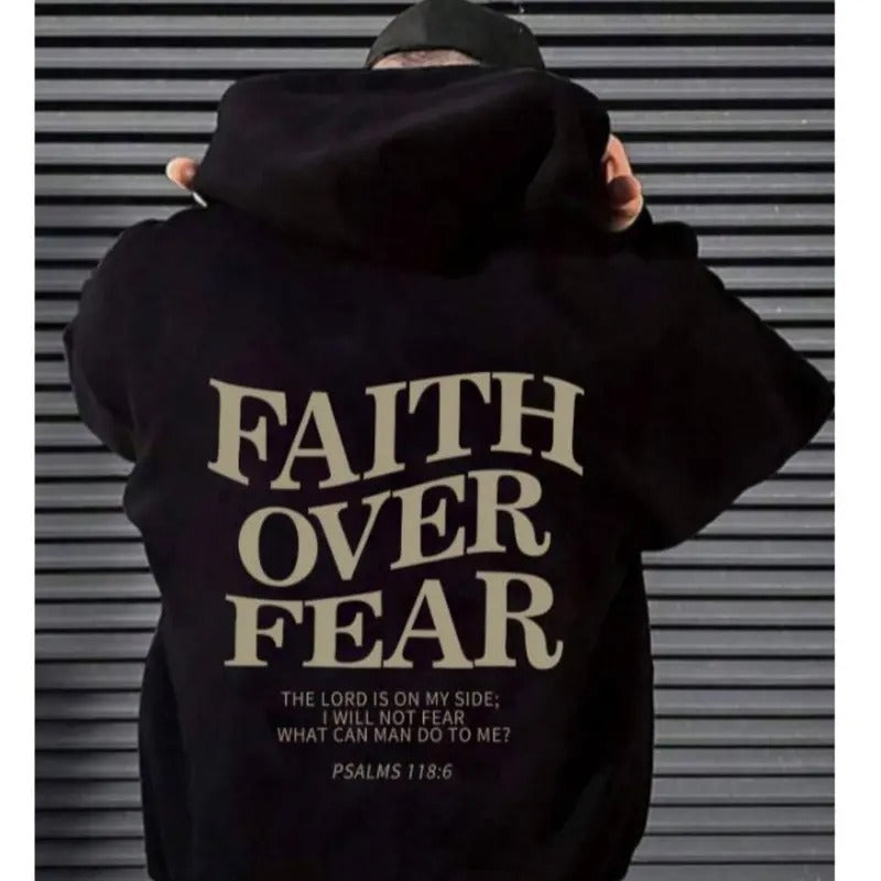 Men's faith Over Fear Slogan Print Drawstring Hoodie, Street T-shirt Casual Regular Fit Long Sleeve Pocket Hooded...