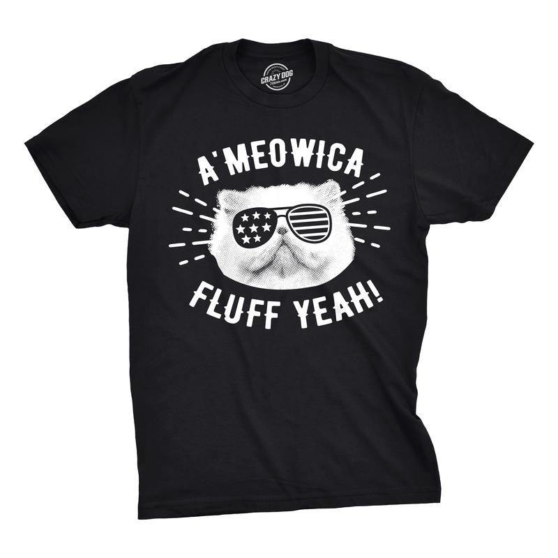 Mens A'Meowica Fluff Yeah T Shirt Funny 4th Of July Cat Tee For Guys Mens Funny T Shirts Cool Tees Soft Stylish Casual...