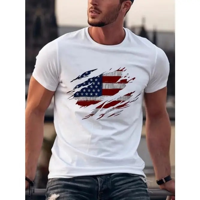 Mens American Flag Printed Casual Crew Neck T-Shirt - Soft Slight Stretch Polyester Fabric, Relaxed Fit, Summer and...