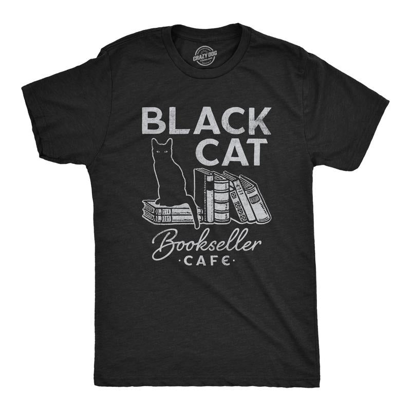 Mens Black Cat Bookseller Cafe T Shirt Funny Halloween Book Lovers Novelty Tee For Guys Mens Funny T Shirts Cool Tees...