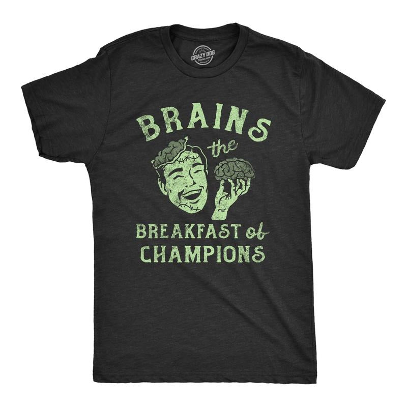 Mens Brains The Breakfast Of Champions T Shirt Funny Halloween Zombie Joke Tee For Guys Mens Funny T Shirts Cool Tees...