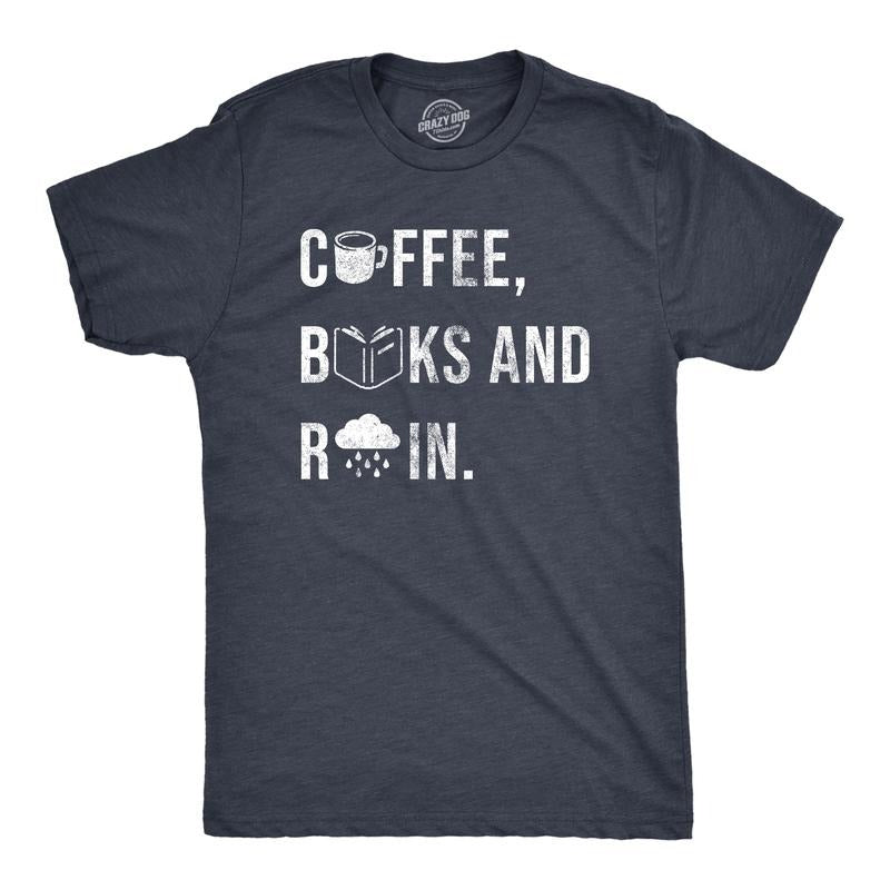 Mens Coffee Books And Rain T Shirt Funny Caffeine Reading Lovers Tee For Guys Mens Funny T Shirts Cool Tees Soft Stylish...