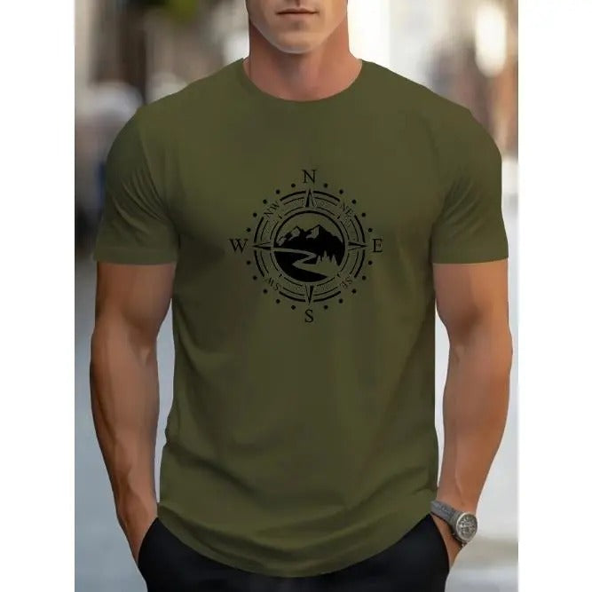 Mens Compass Print T-Shirt - Ultra-Soft & Quick-Dry, Short Sleeve Summer Sports Tee