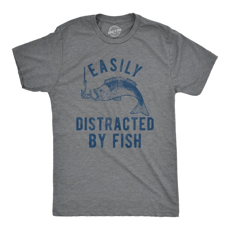 Mens Easily Distracted By Fish T Shirt Funny Fishermen Graphic Novelty Tee For Guys Mens Funny T Shirts Cool Tees Soft...