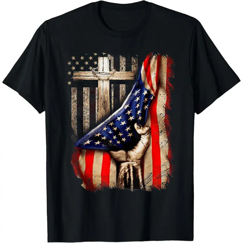 Mens Faith Over Fear Christian Cross American Flag T-Shirt made in usa Hoodie, Sweatshirt | TeeBloomCo.com