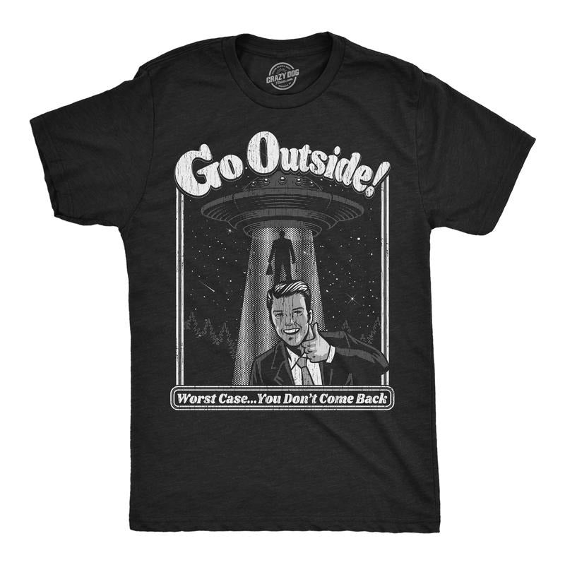 Mens Go Outside T Shirt Funny Alien UFO Nature Outdoors Lovers Joke Tee for Guys Mens Funny T Shirts Cool Tees Soft...