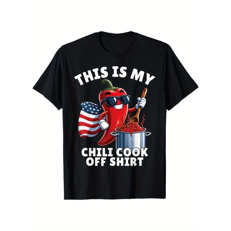 Mens Graphic Tee - Funny Chili Print, Cotton Short Sleeve Crew Neck T-shirt, Outdoor Casual Wear, Men's Clothing, Graphic...