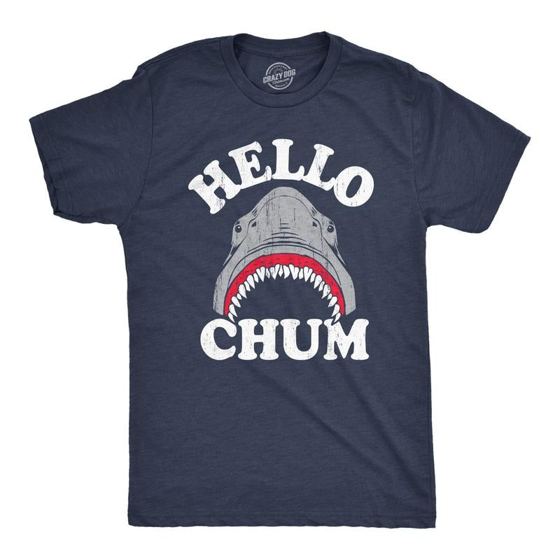 Mens Hello Chum T Shirt Funny Shark Attack Bite Greeting Joke Tee For Guys Mens Funny T Shirts Cool Tees Soft Stylish...