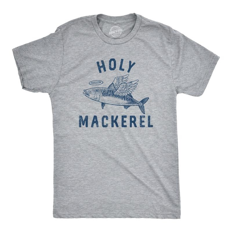 Mens Holy Mackerel T Shirt Funny Angel Halo Blessed Fish Saying Joke Tee For Guys Mens Funny T Shirts Cool Tees Soft...