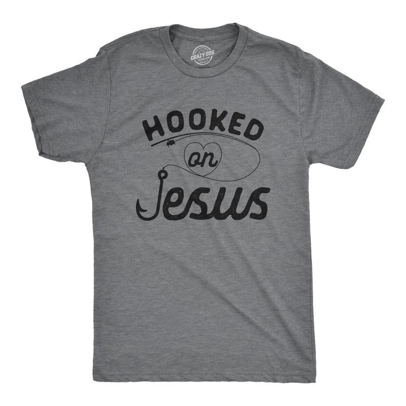 Mens Hooked On Jesus T Shirt Funny Fishing Religious Novelty Tee Mens Funny T Shirts Cool Tees Soft Stylish Casual...