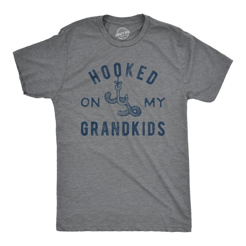 Mens Hooked On My Grandkids T Shirt Funny Fishing Grandpa Novelty Graphic Tee Mens Funny T Shirts Cool Tees Soft Stylish...