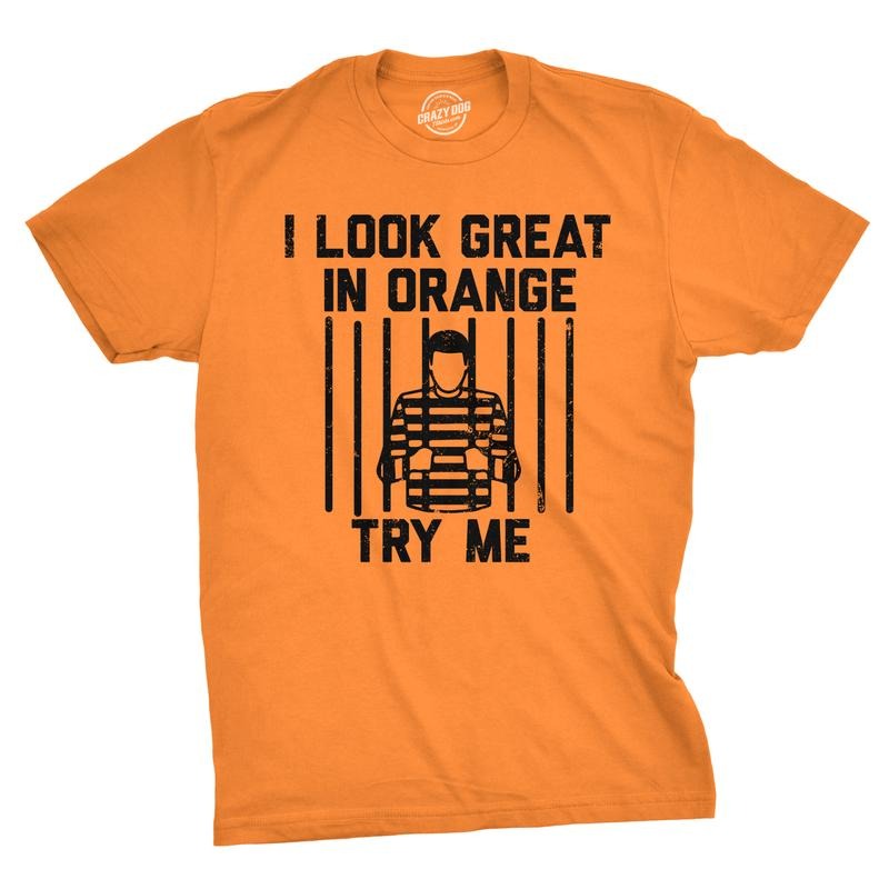Mens I Look Great In Orange Try Me T Shirt Funny Threat Arrested Jail Joke Tee for Guys Mens Funny T Shirts Cool Tees...