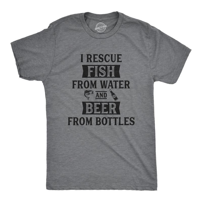 Mens I Rescue Fish From Water and Beer From Bottles T Shirt Funny Fishing Drinking Tee Mens Funny T Shirts Cool Tees Soft...