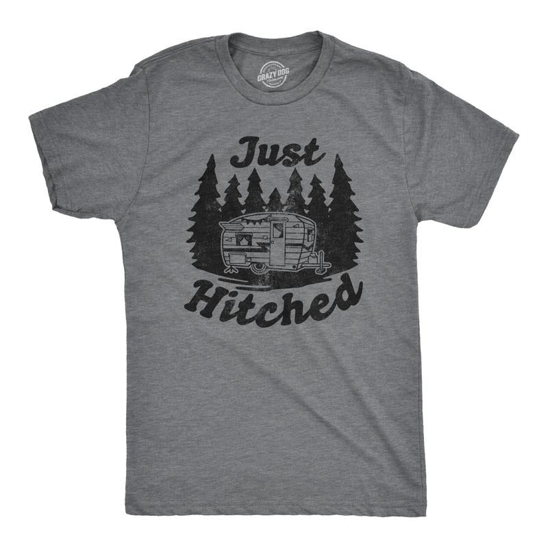 Mens Just Hitched T Shirt Funny Newlyweds Camping Tee Mens Funny T Shirts Cool Tees Soft Stylish Casual Menswear Camping...