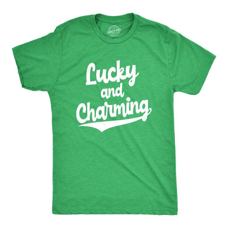 Mens Lucky and Charming T Shirt Novelty Saint Patricks Day Irish Clover Tee Mens Funny T Shirts Cool Tees Soft Stylish...