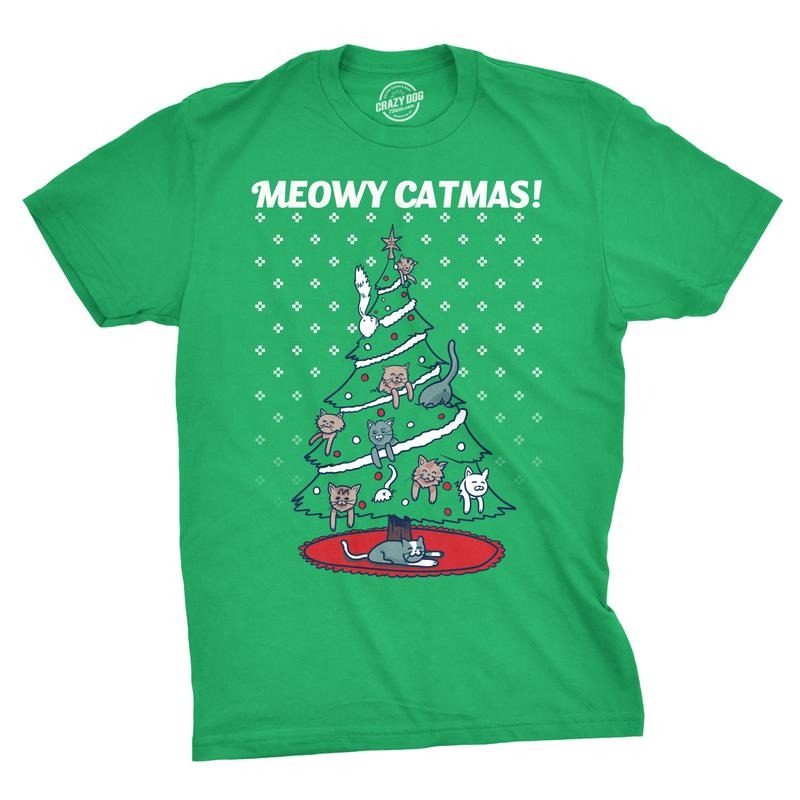 Mens Meowy Christmas Funny Cat Dad Ugly Sweater T shirt Adult Humor Sarcastic Mens Funny T Shirts Cool Tees Soft Stylish...