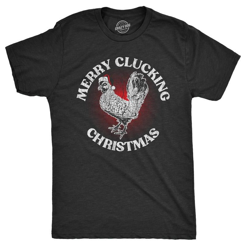 Mens Merry Clucking Christmas T Shirt Funny Xmas Rooster Chicken Joke Tee For Guys Mens Funny T Shirts Cool Tees Soft...