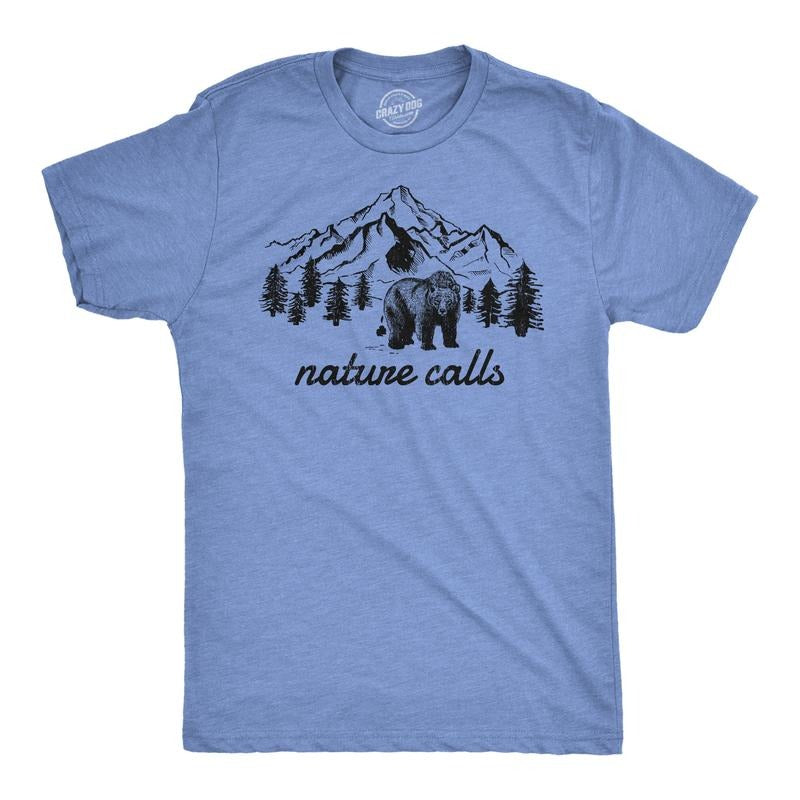 Mens Nature Calls T Shirt Funny Sarcastic Saying Bear Pooping Graphic Tee For Guys Mens Funny T Shirts Cool Tees Soft...