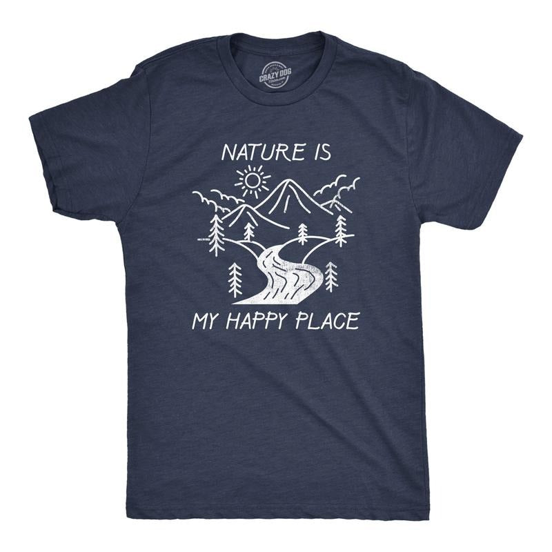 Mens Nature Is My Happy Place T Shirt Funny Outdoor Camping Hiking Lovers Tee for Guys Mens Funny T Shirts Cool Tees Soft...