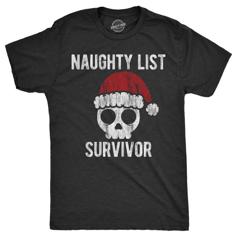 Mens Naughty List Survivor T Shirt Funny Xmas Santa Claus Bad Behavior Joke Tee for Guys Mens Funny T Shirts Cool Tees...