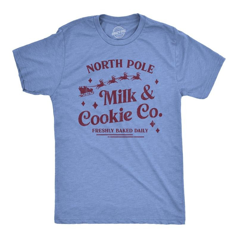 Mens North Pole Milk And Cookie Co T Shirt Funny Xmas Bakery Shop Joke Tee For Guys Mens Funny T Shirts Cool Tees Soft...