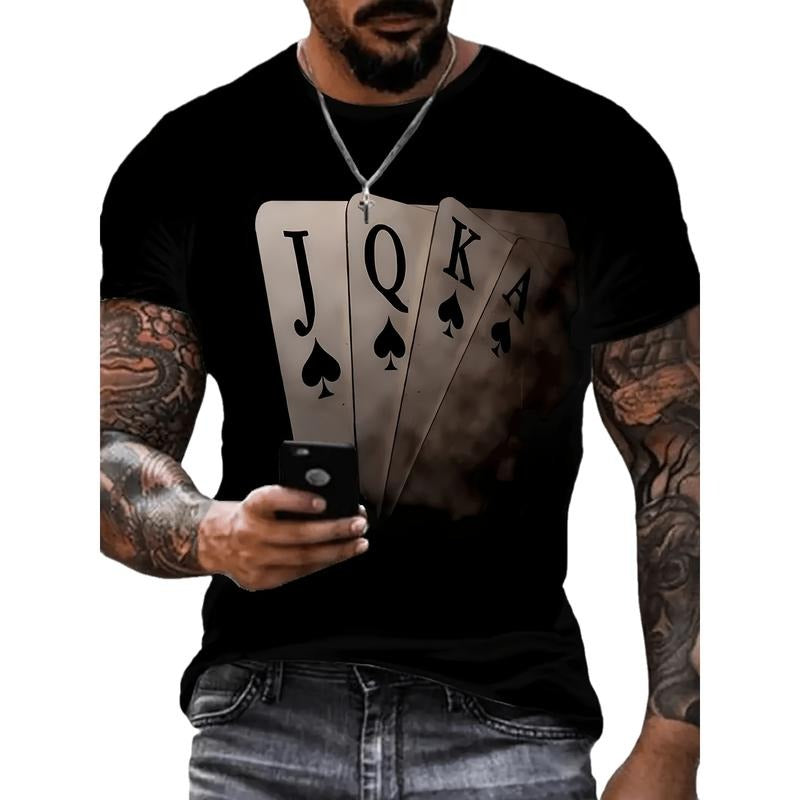 Mens Poker Graphic Tee - Fashionable Casual Style - Comfortable Slightly Elastic Fit - Round Neck T-Shirt for Summer & Autumn