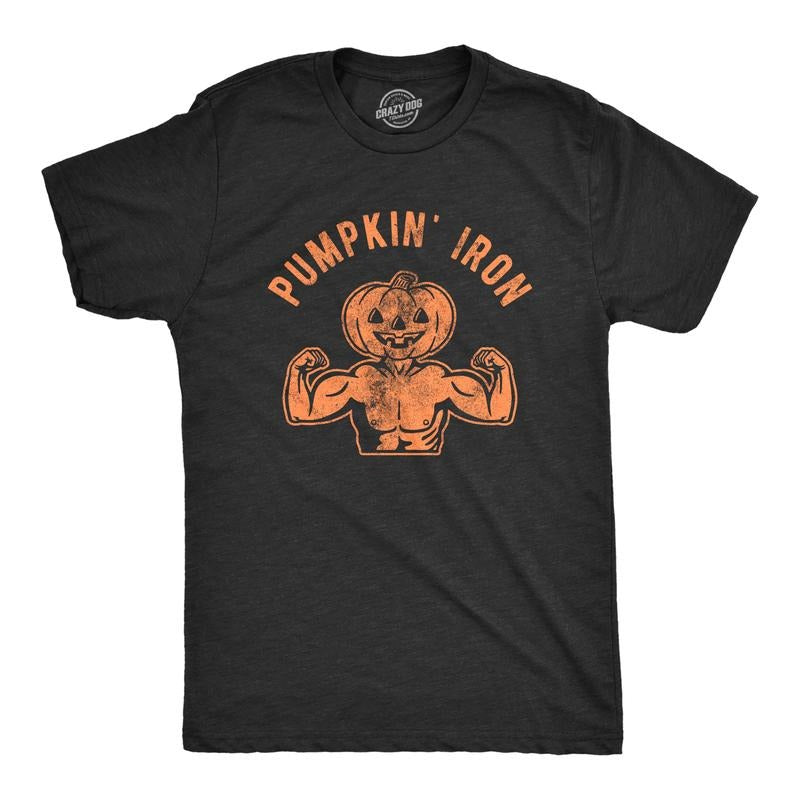 Mens Pumpkin Iron T Shirt Funny Halloween Workout Fitness Jack-O-Lantern Graphic Tee Mens Funny T Shirts Cool Tees Soft...