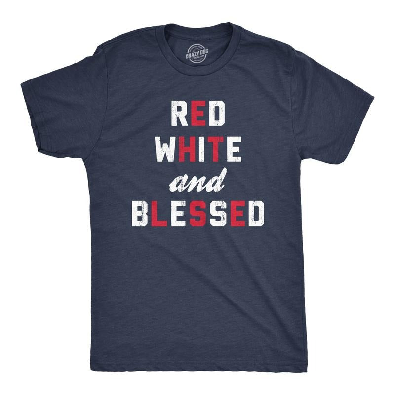 Mens Red White And Blessed T Shirt Funny Fourth Of July Party Text Tee For Guys Mens Funny T Shirts Cool Tees Soft...