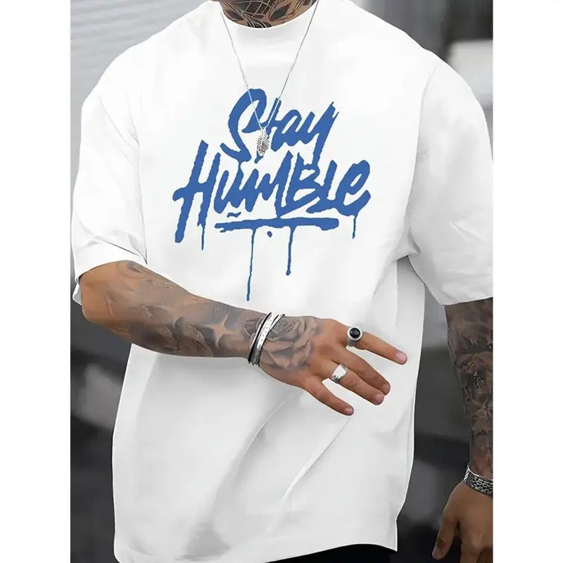 Mens Relaxed Fit Humble Tee - Soft Blue Short Sleeve Summer Top with "Stay Humble" Letter Print - Casual Novelty T-Shirt...