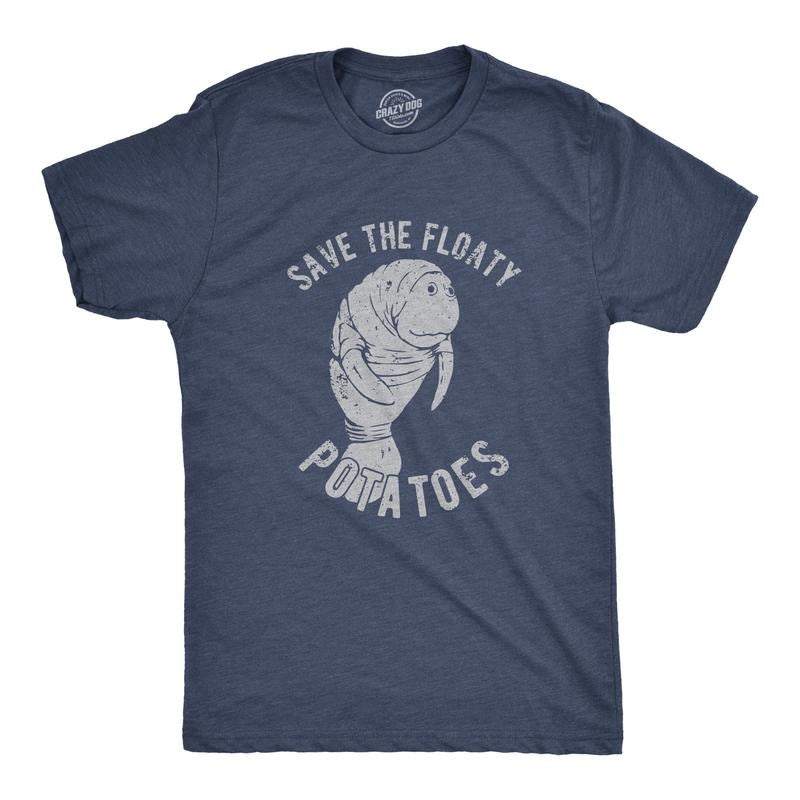 Mens Save The Floaty Potatoes T Shirt Funny Manatee Conservation Tee Mens Funny T Shirts Cool Tees Soft Stylish Casual...