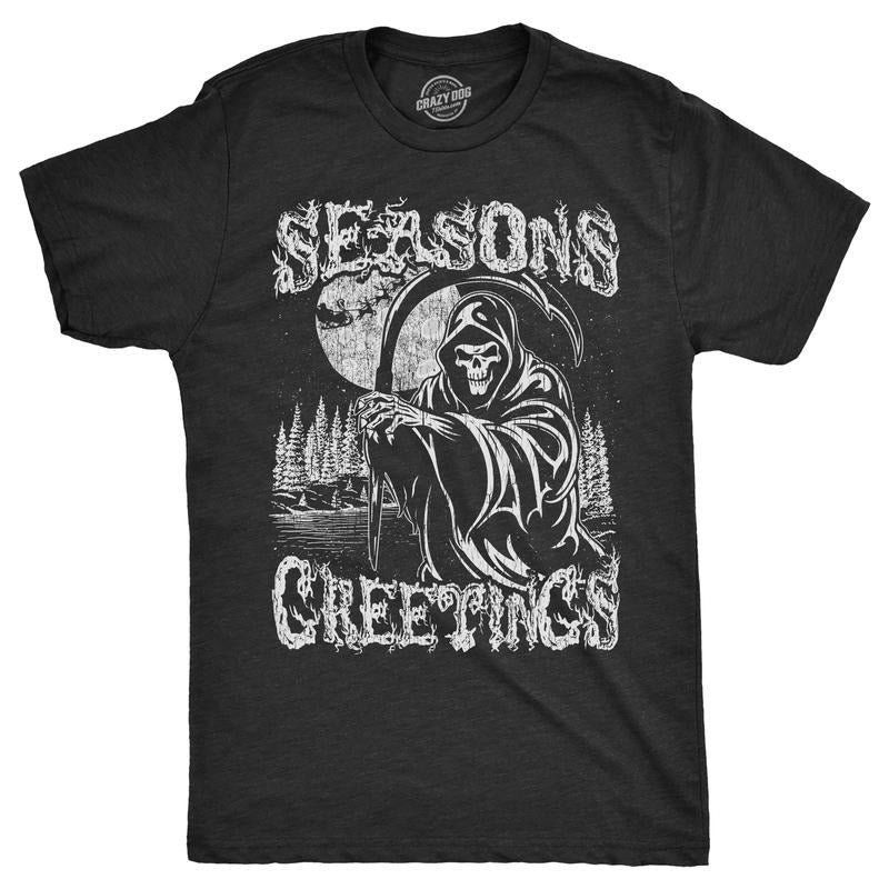 Mens Seasons Greetings T Shirt Funny Xmas Scary Grim Reaper Joke Tee For Guys Mens Funny T Shirts Cool Tees Soft Stylish...