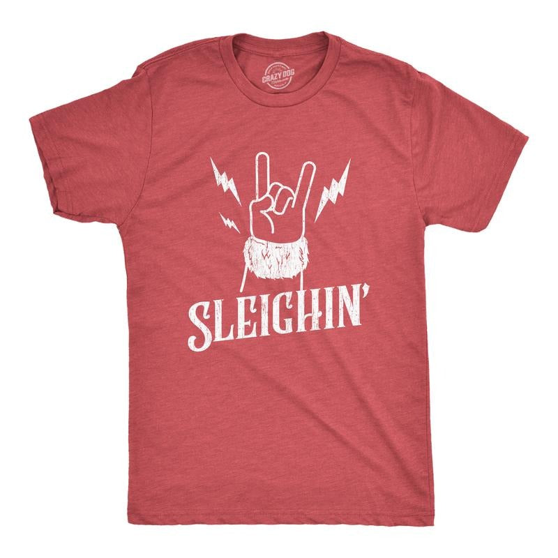 Mens Sleighin T Shirt Funny Santa Claus Christmas Rock And Roll Metal Fingers Graphic Tee Mens Funny T Shirts Cool Tees...