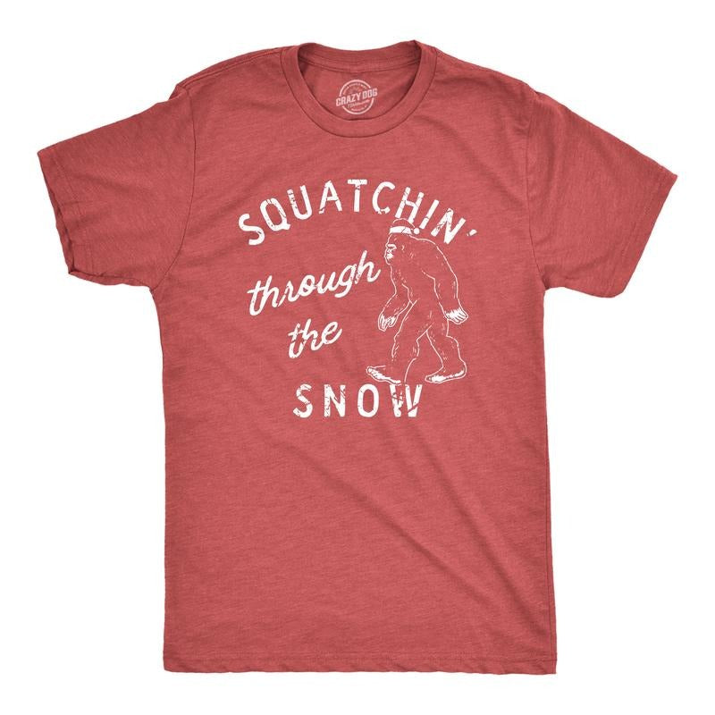 Mens Squatchin Through The Snow T Shirt Funny Xmas Bigfoot Sasquatch Tee For Guys Mens Funny T Shirts Cool Tees Soft...