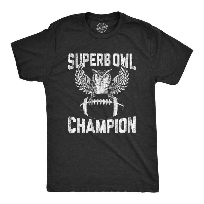 Mens Superb Owl Champion T Shirt Funny Sarcastic Football Pun Graphic Tee for Guys Mens Funny T Shirts Cool Tees Soft...