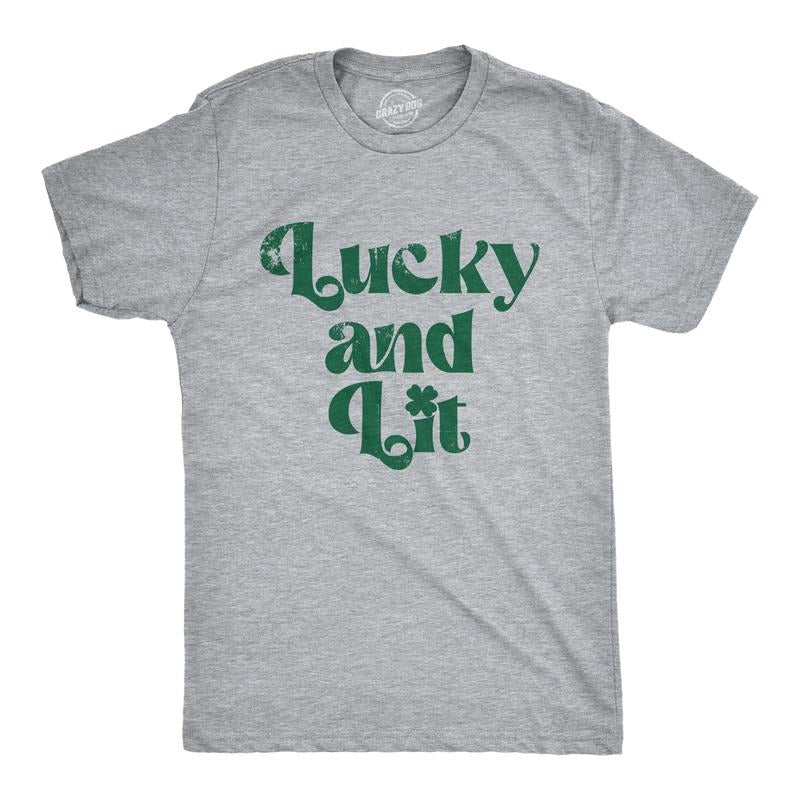 Mens T Shirts Lucky And Lit Funny St Patricks Day Drinking Tee For Guys Mens Funny T Shirts Cool Tees Soft Stylish Casual...