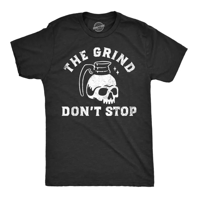 Mens The Grind Dont Stop T Shirt Funny Spooky Halloween Coffee Pot Skull Joke Tee For Guys Mens Funny T Shirts Cool Tees...