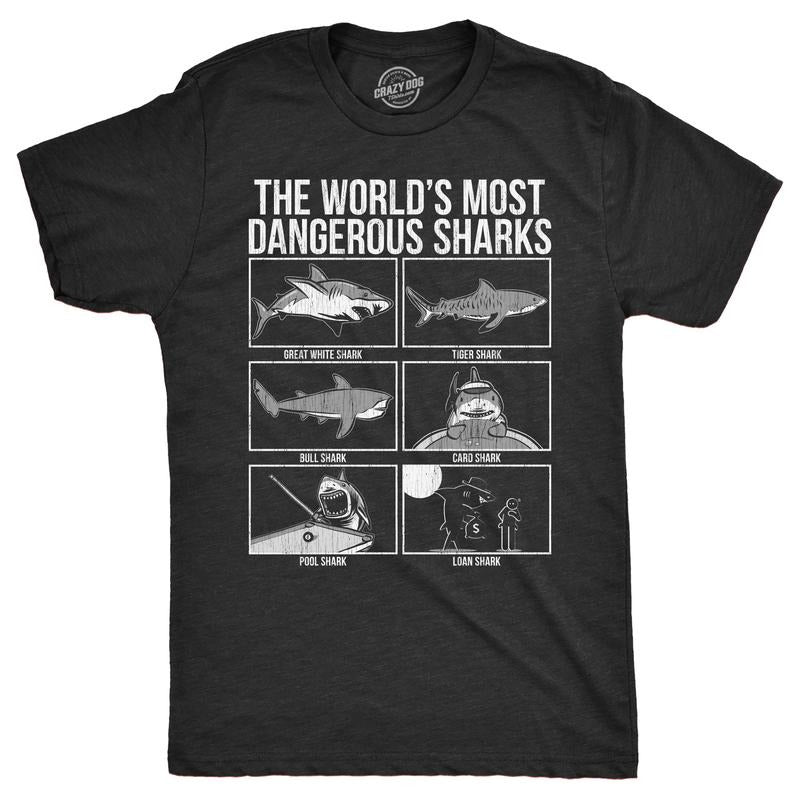 Mens The Worlds Most Dangerous Sharks T Shirt Funny Card Pool Loan Shark Joke Tee for Guys Mens Funny T Shirts Cool Tees...