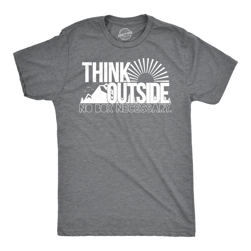 Mens Think Outside Funny No Box Necessary Hiking Camping Vintage Graphic T shirt Mens Funny T Shirts Cool Tees Soft...