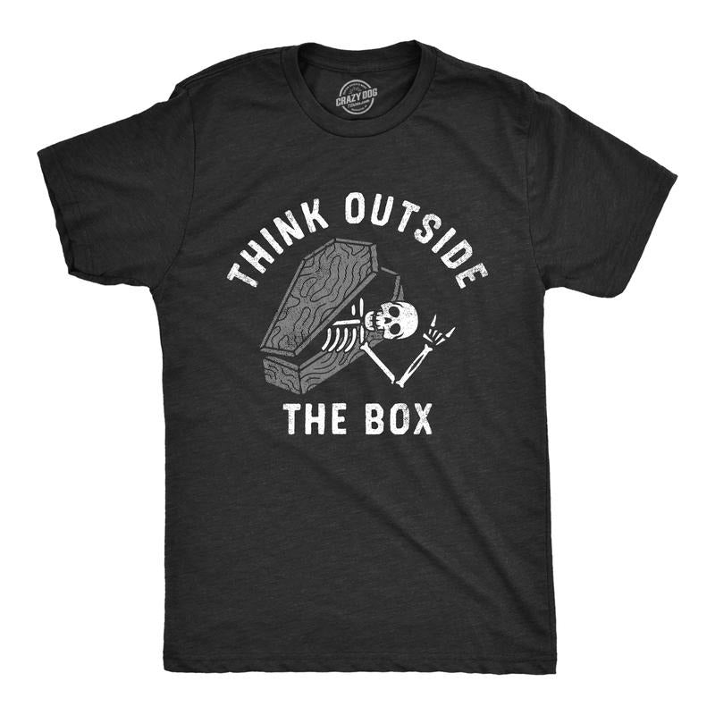 Mens Think Outside The Box T Shirt Funny Halloween Grave Coffin Joke Tee For Guys Mens Funny T Shirts Cool Tees Soft...