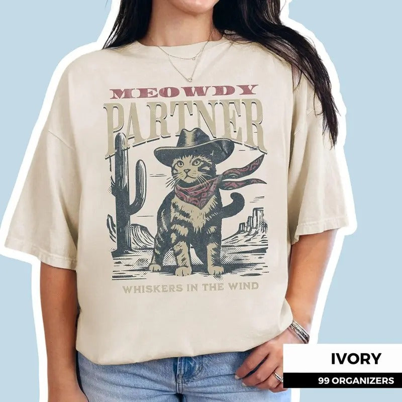 Meowdy Partner Cowboy Cat Shirt, Vintage Cowboy Cat Shirt, and Tank Top, Funny Cowboy Cat Crewneck Hoodie, Sweatshirt