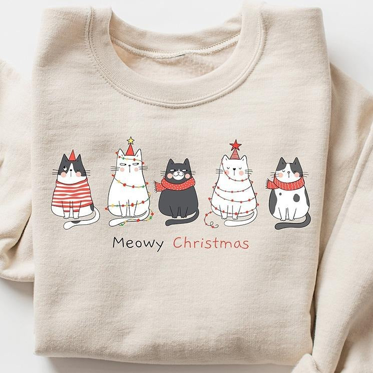 Meowy Christmas Crewneck Sweatshirt, Funny Cat Christmas Hoodie, T-shirt | TeeBloomCo.com