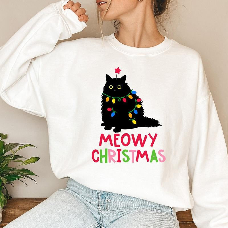 Meowy Christmas Sweatshirt, Cat Christmas Sweatshirt, Cat Lover Xmas T-Shirt, Christmas Cat Mom Sweater, Catmas Gift For...