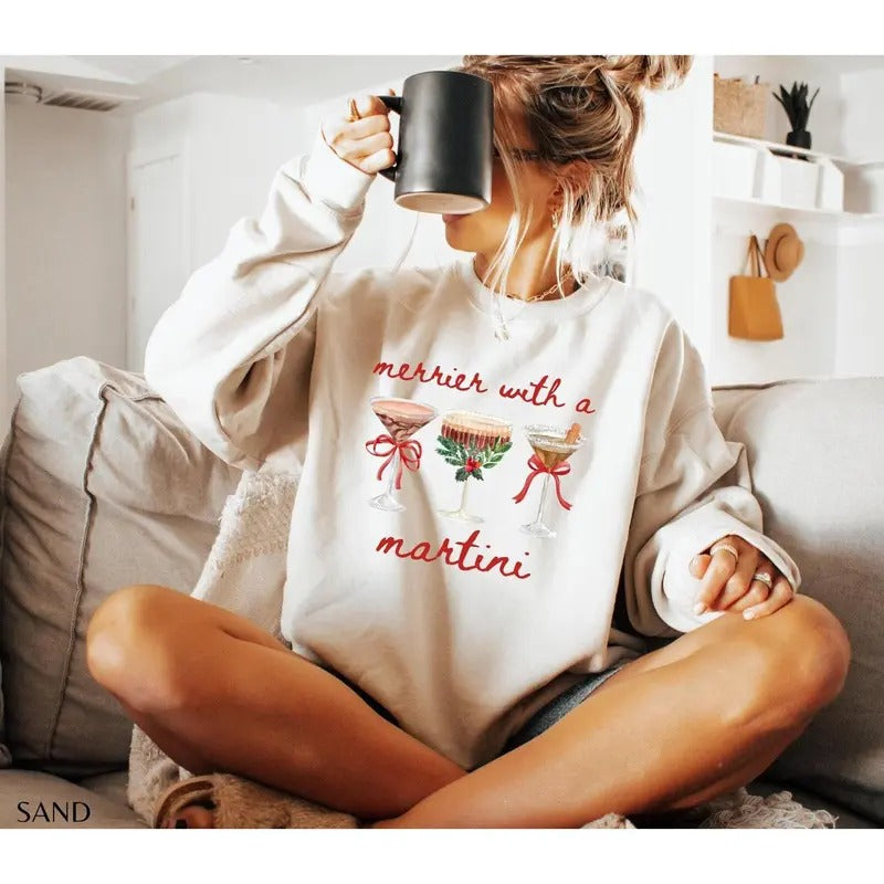 Merrier with a Martini Sweatshirt, Expresso Martini Sweatshirt, Funny Christmas Holiday Cocktail Gift, Martini Bow...