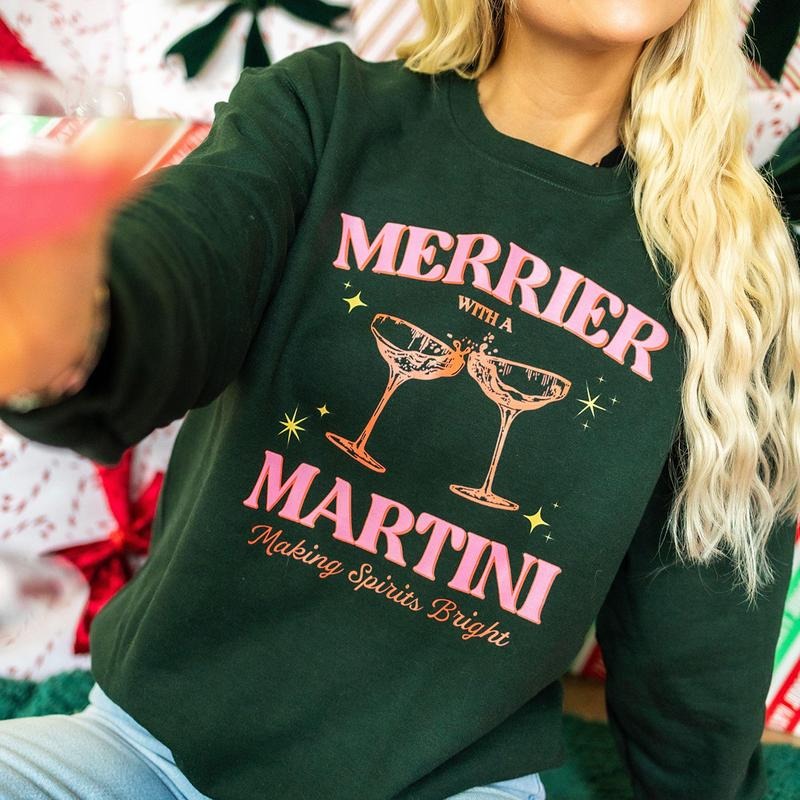 Merrier with a Martini, Christmas Cocktail, Christmas Sweatshirt, Holiday Party Sweatshirt Oversized Sweatshirt,...