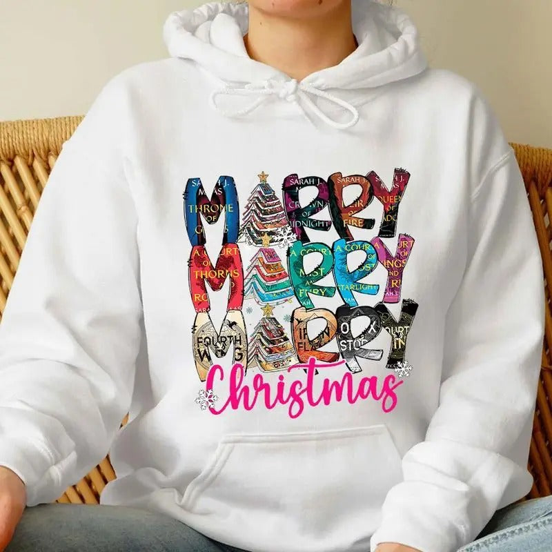 Merry Bookmas Sweatshirt, Hoodie, T - Shirt, Book Lovers Christmas Gift, Graphic Xmas Tee | TeeBloomCo.com